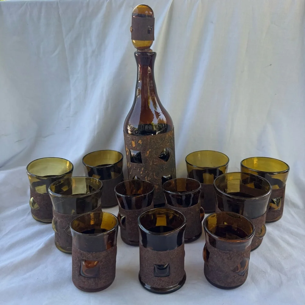 VINTAGE BRUTALIST FELIPE DERFLINGHER IMPRISONED GLASS DECANTER & GLASSES 12PCSET